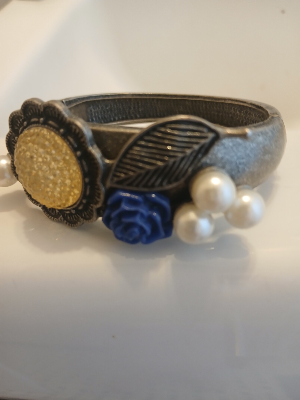 Blue Rose & Pearl Accent Silver-Tone Bracelet with Yellow Detail